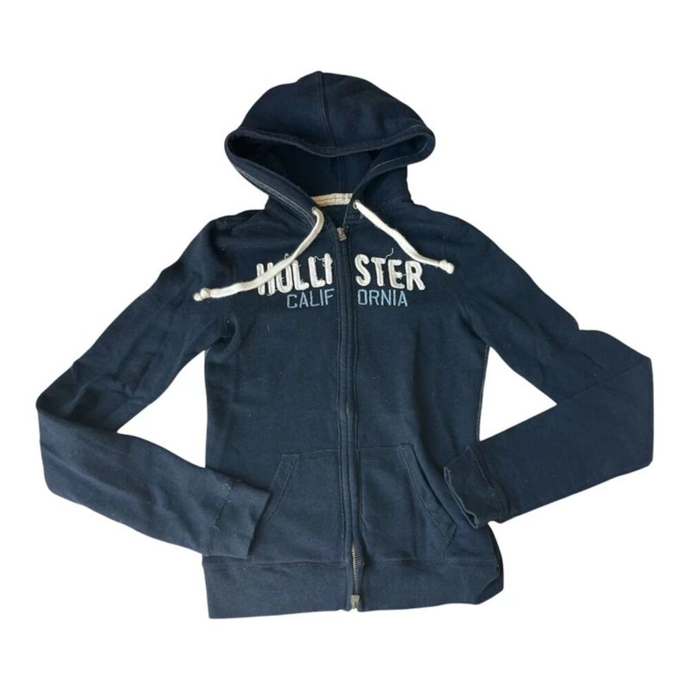 Vintage Y2K Hollister Navy Full Zip Hoodie Sweatshirt Womens Medium